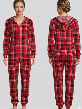 Shosho Red Plaid Hooded Onesie | CozyCore Whimsygoth Holiday Pajamas M